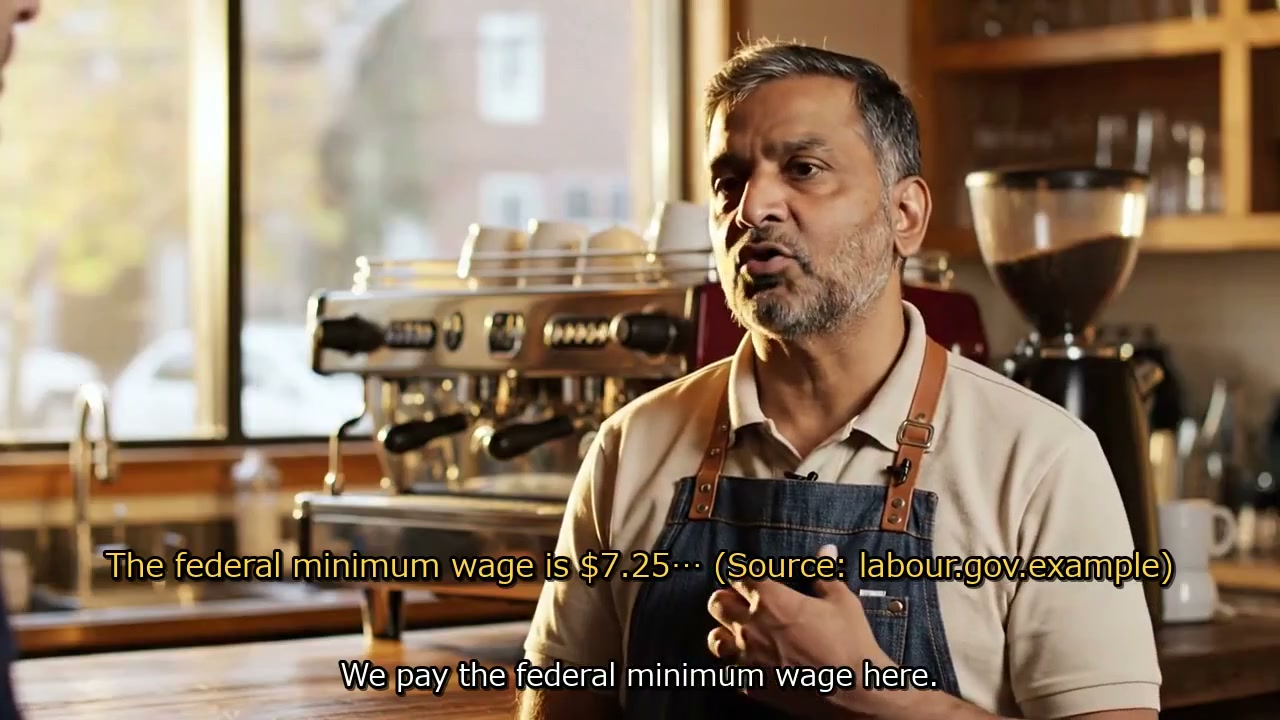 Frame from the demo's first cut: an interviewee behind a coffee bar, with a burned-in data caption reading 'The federal minimum wage is $7.25… (Source: labour.gov.example)' above the subtitle 'We pay the federal minimum wage here.'